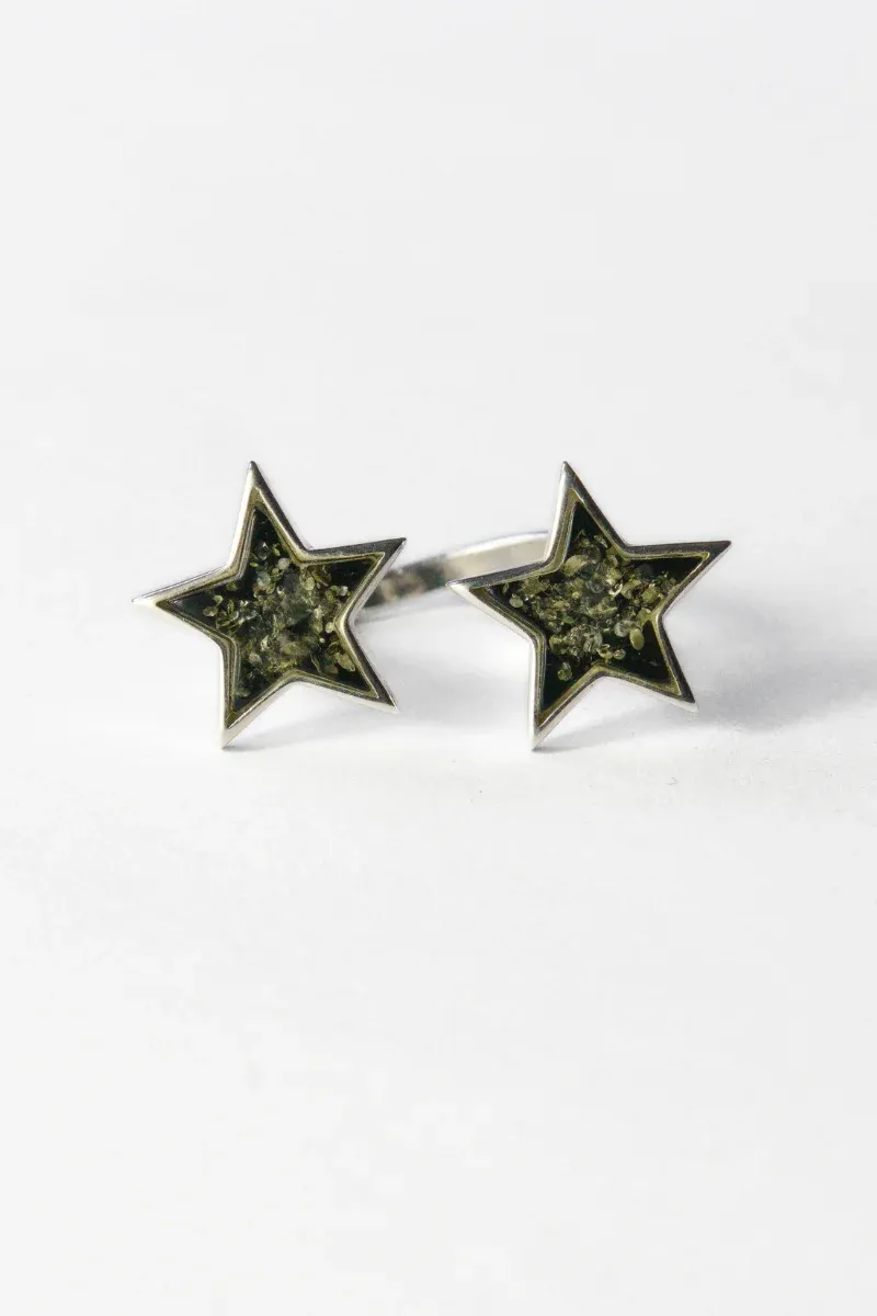 Silver Stars Ring, adjustable, green amber-AA1026V