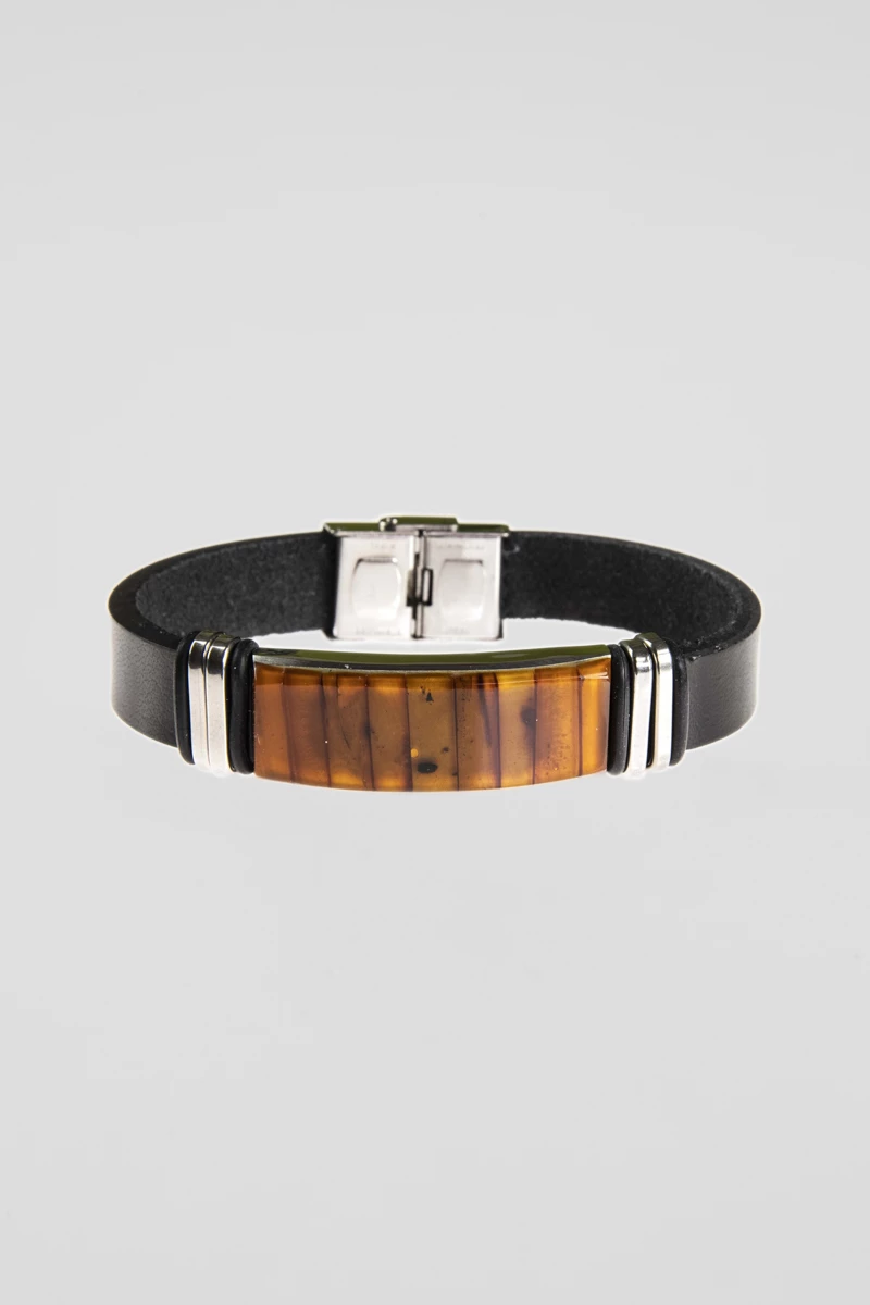Bratara piele ecologica neagra, chihlimbar coniac, inox, lungime 20,5 cm-AW1018