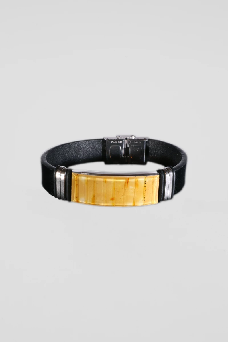 Bratara piele ecologica neagra, chihlimbar miere, inox, lungime 20,5 cm-AW1025