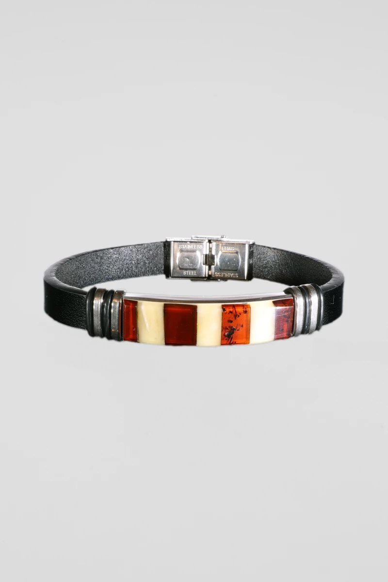 Bratara piele ecologica neagra, chihlimbar mozaic (miere, coniac), inox, lungime 20,5 cm-AW1026