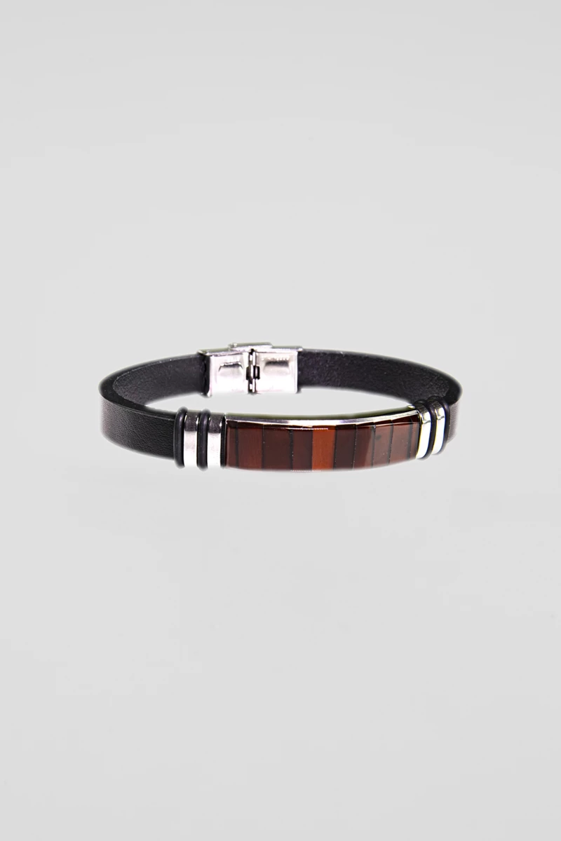Bratara piele ecologica neagra, chihlimbar cireasa, inox, lungime 20,5 cm-AW1029